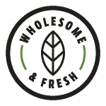 An icon of a leaf with the words "Wholesome and Fresh"